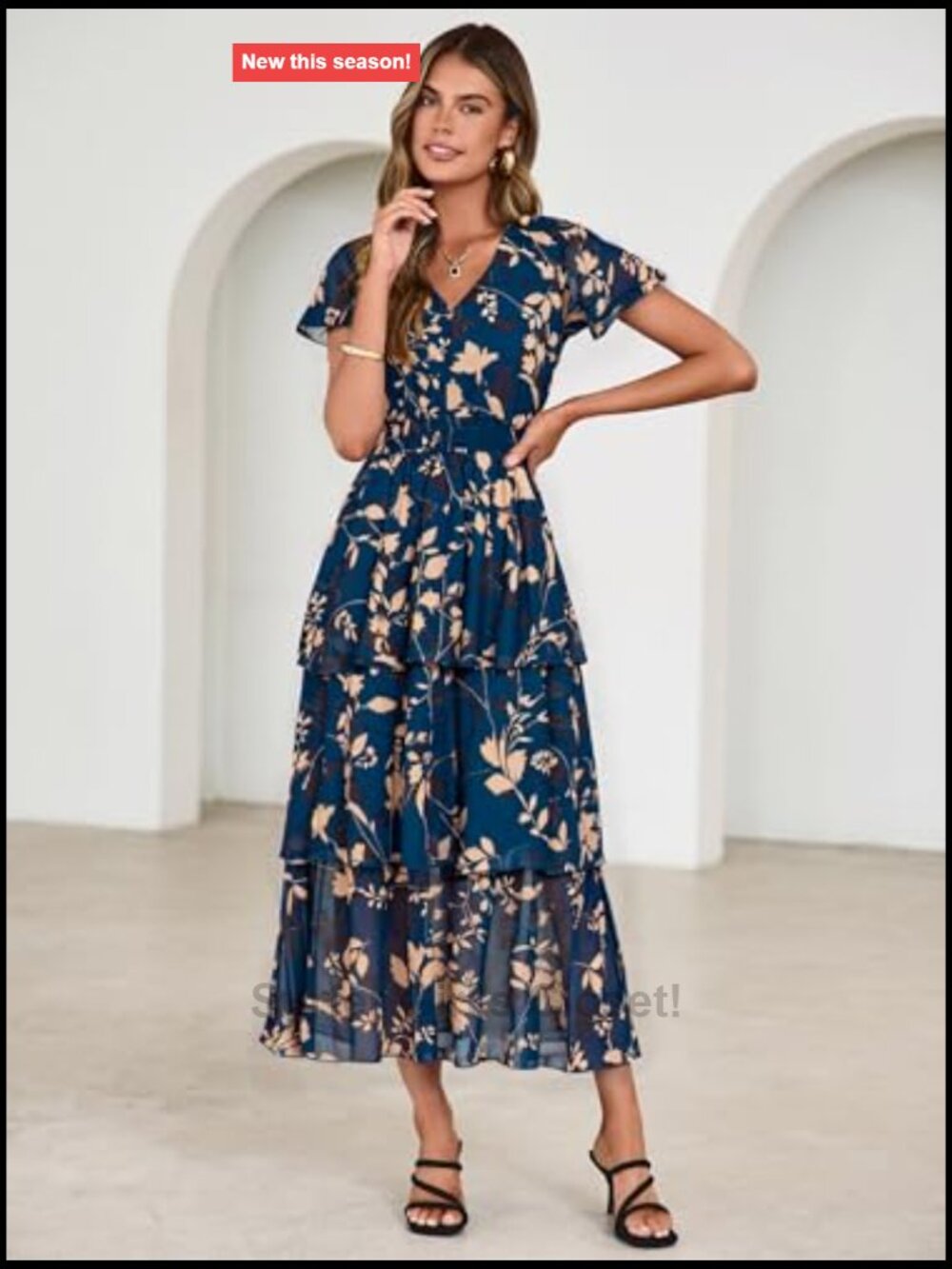 Women Floral Summer Maxi Dress Boho Flowy Ruffle Tiered Short Sleeve V Neck - Picture 2 of 7